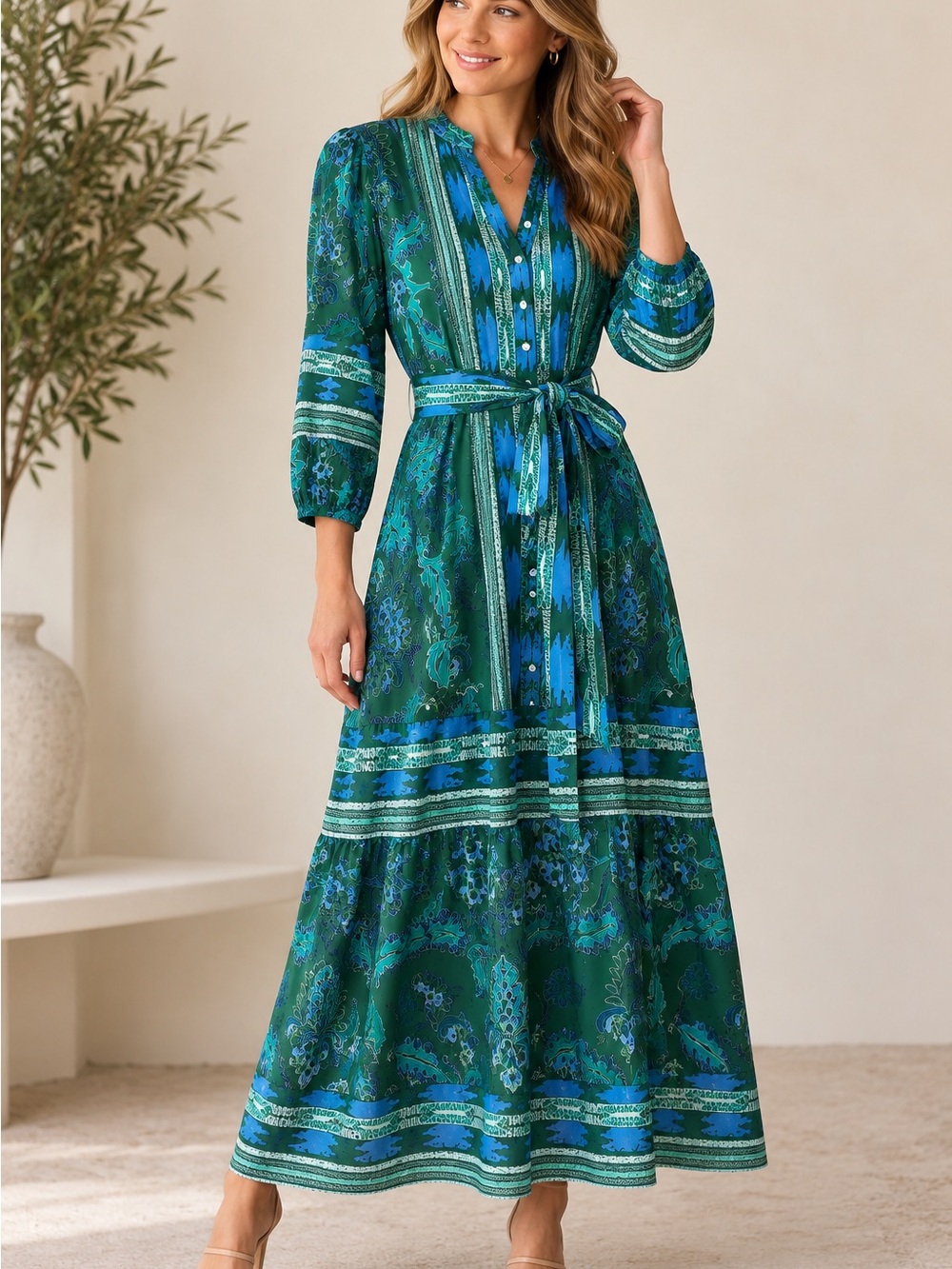 NWT Celina Moon Green & Blue Print Boho Belted Dress